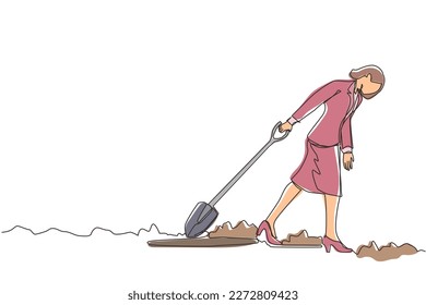 Single continuous line drawing Arab businessman walking unsteadily leaving hole dug dragging shovel. Man dig in tunnel trying to get to goal. He gave up and stopped trying. One line draw design vector