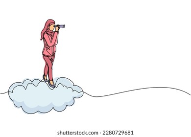 Single continuous line drawing Arab businesswoman riding high cloud holding telescope or binocular to search for business visionary. Leadership vision company strategy. One line graphic design vector
