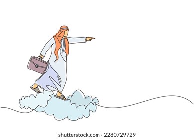 Ein einheitlicher, kontinuierlicher Zeichnungsschluss arabischer Geschäftsmann, der eine Aktentrampe-Cloud hält, nach vorn zeigt, in die Zukunft gehen, Business-Konzept. Der Mensch auf der Wolke ist der Weg zum Erfolg. Eine Zeile Grafik-Design, Vektorgrafik-Illustration