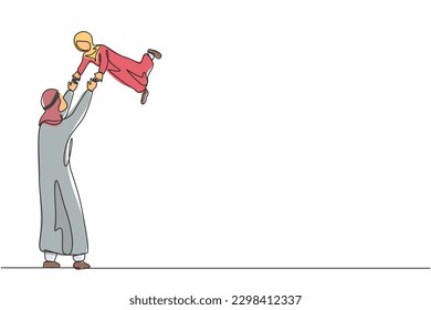 Single continuous line drawing Arab dad carry his daughter. Father's day in activity, sense of tenderness of children, carrying of love, his child's enjoy flying and play. One line draw design vector