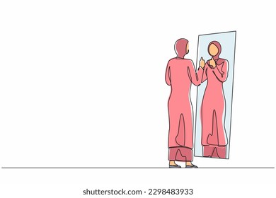 Single continuous line drawing Arab businesswoman loves to look at her reflection in mirror with thumbs up pose. Woman in mirror, egoistic, attractive confidence. One line draw graphic design vector