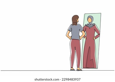 Single continuous line drawing Arab businesswoman looking at reflection in mirror and seeing super hero standing. Leadership, ambition and self confidence. One line graphic design vector illustration