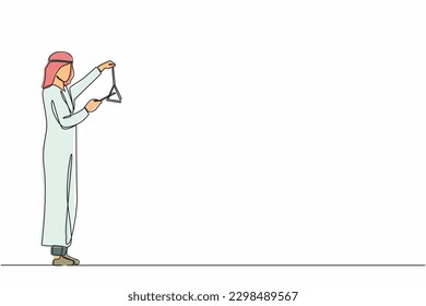 Single continuous line drawing Arab male musician playing musical triangle. Classical music orchestra man artist with music instrument. Professional musician performs on stage. One line design vector