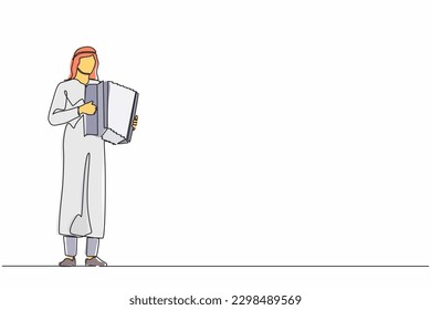 Single continuous line drawing Arab man musician playing accordion. Male performer plays acoustic musical instrument. Accordionist perform playing music instrument. One line draw graphic design vector