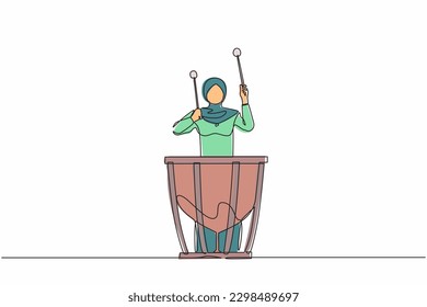 Single continuous line drawing Arab female percussion player play on timpani. Woman performer holding stick and playing musical instrument. Musical instrument timpani. One line graphic design vector