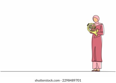 Single continuous line drawing Arab female musician in hijab performing classic melody on French horn. Instrumentalist playing music instrument. Woman with trumpet. One line draw graphic design vector