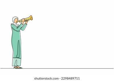 Single continuous line drawing Arab woman playing trumpet. Music instrumental. Jazz musician playing trumpet instrument. Trumpet player. Orchestra performer. Music performance. One line design vector