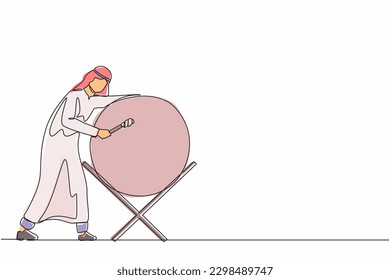 Single continuous line drawing Arab man hitting bedug or traditional drum for suhoor and iftar time Ramadan. Muslim person calling other people to pray to mosque. One line draw graphic design vector