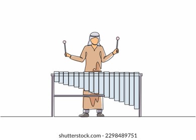Single continuous line drawing Arab man percussion player play marimba. Male musician playing traditional Mexican marimba instrument at music festival. One line draw graphic design vector illustration