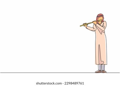 Single continuous line drawing Arab male musician playing flute, standing on stage. Flutist performing classical music on wind instrument. Solo performance of talented flautist. One line design vector
