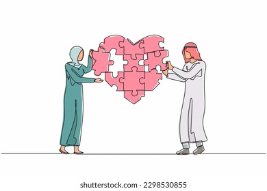 Single continuous line drawing Arab loving couple standing and forming huge heart puzzle from pieces together. Love togetherness and romance concept. One line draw graphic design vector illustration