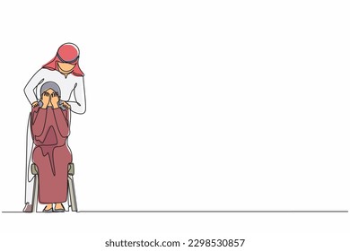 Single continuous line drawing Arab man comforting crying woman, touching her shoulders. Female suffering from anxiety, loneliness, trying to cope with depression or loss. One line draw design vector