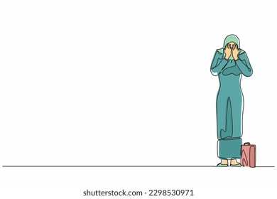 Single continuous line drawing Arab businesswoman cover her face by hands and crying. Depression disorder, sad, sorrow, disappointment. Psychological therapy, treatment. One line graphic design vector