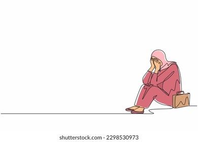 Single continuous line drawing Arab businesswoman feeling sad and depression sitting on the floor. Office worker feeling blue, stress, sad. Depression for young people. One line graphic design vector