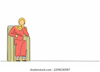 Single continuous line drawing Arab businesswoman sitting at sofa, feeling stressed, alone. Anxious worker sit on couch, crying, feel frustrated, depressed, suffer. One line draw graphic design vector