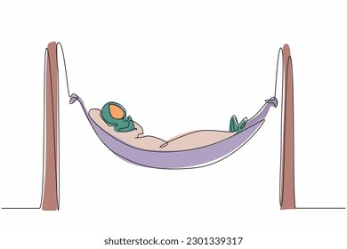 Single continuous line drawing Arab businesswoman is lying in hammock and dreaming about big money. Comfort and recreation. Achieve financial freedom. One line draw graphic design vector illustration