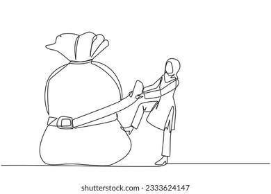 Single continuous line drawing Arab businesswoman wrapped around and pulled the money bag with a belt. Investment decrease, sale drop. Save on unnecessary expenses. One line design vector illustration