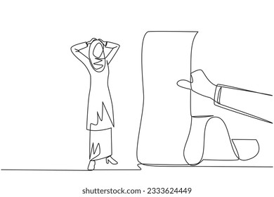 Single continuous line drawing Arab businesswoman stood in shock holding head with both hands, looking at bill thrust by the hand. Woman who have online bills must be paid immediately. One line vector