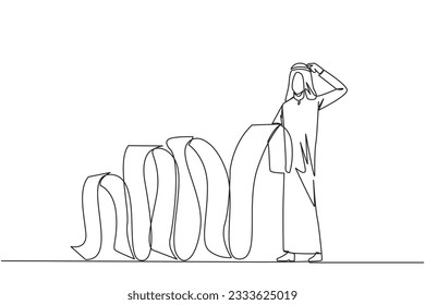 Single continuous line drawing of Arab businessman holding long billing paper dangling to the floor, one of his hands scratching head. Confused how to pay the bill. One line design vector illustration