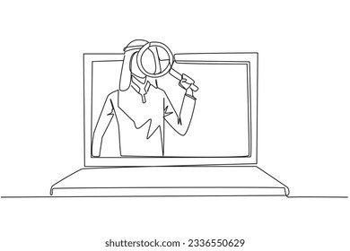 Single continuous line drawing of Arab businessman came out of laptop screen holding the magnifier. Finding online networking to sustain his business. Relationship. One line design vector illustration