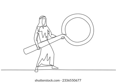 Single continuous line drawing Arab businessman standing holding a giant magnifier. Resembling a guitar player, he searches, analyzes, finds all the necessary data. One line design vector illustration