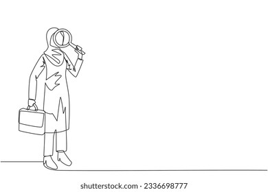 Single continuous line drawing Arab businesswoman stood holding magnifier and the other holding a briefcase. Look for smallest possible opportunities for profit that can be exploited. One line vector