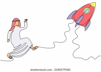 Single continuous line drawing Arab businessman running chasing rocket take off. Prepare for start-up business project. Career awakening to success, growth. One line draw design vector illustration