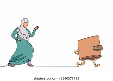 Single continuous line drawing Arab businesswoman chasing wallet. Purse for save money dollar cash. Shopping, market, buying, paying, finance concept. One line draw graphic design vector illustration