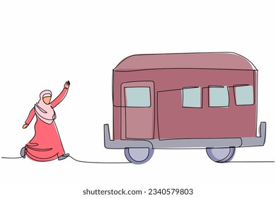 Single continuous line drawing Arab businesswoman run chase train. Manager late from work and deadline. Latecomer worker running along platform to reach train. One line draw design vector illustration