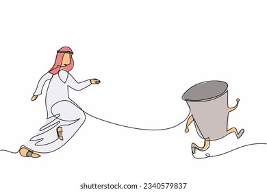 Single continuous line drawing Arab businessman run chasing paper cup. Resting time from work, talking with friends, thirsty, drink. Business metaphor. One line draw graphic design vector illustration