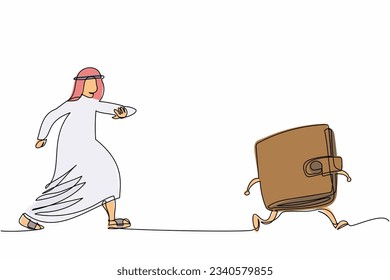 Single continuous line drawing Arab businessman chasing wallet. Wallets with money shopping. Purse for save cash. Business and finance symbol. Business metaphor. One line design vector illustration