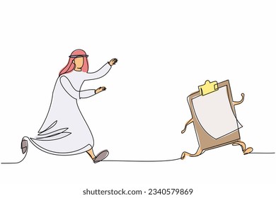Single continuous line drawing Arab businessman chasing clipboard. Paperwork, filing checklist. Arabian manager signing document. Business metaphor. One line draw graphic design vector illustration