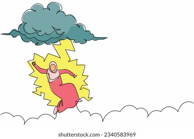 Single continuous line drawing Arab businesswoman struck by lightning or thunder from cloud. Feel bad luck in office. Misery, disaster, risk, danger. One line draw graphic design vector illustration