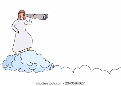 Single continuous line drawing Arab businessman on cloud holding binocular to search for business innovation visionary. Leadership vision to see company strategy. One line draw graphic design vector