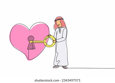 Single continuous line drawing Arab businessman putting big key into heart. Male lover try to unlock woman's heart. Metaphor love, marriage invitation. One line draw graphic design vector illustration