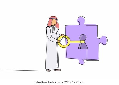Single continuous line drawing Arab businessman putting big key into puzzle piece. Teamwork solving complicated tasks. Partnership and cooperation concept. One line graphic design vector illustration