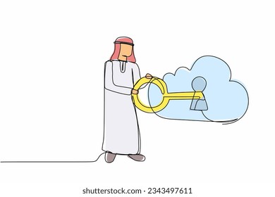 Single continuous line drawing Arab businessman putting big key into cloud. Safety storage. Cloud password lock security authentication. Internet technology. One line draw design vector illustration