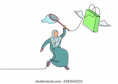 Single continuous line drawing Arab businesswoman try to catching flying shopping bag with butterfly net. Retail store sales decline due to economic crisis. One line graphic design vector illustration