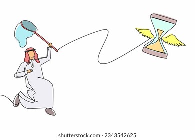 Single continuous line drawing Arab businessman try to catching flying hourglass with butterfly net. Failed to complete project objectives. Business metaphor. One line draw design vector illustration