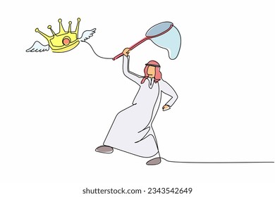 Single continuous line drawing Arab businessman try to catching flying crown with butterfly net. Failed to control the business empire. Business metaphor. One line graphic design vector illustration