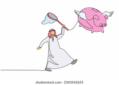 Single continuous line drawing Arab businessman try to catching flying crown with butterfly net. Failed to control the business empire. Business metaphor. One line graphic design vector illustration