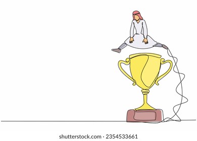 Single continuous line drawing Arab businessman jumping over big trophy. Symbolization of business challenge conquer. Success or victory, winning prize award. One line draw design vector illustration