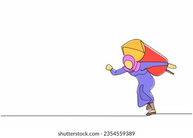 Single continuous line drawing Arab businesswoman with rocket on back stand on start ready for business race. Skill to boost fast business to win competition. One line draw design vector illustration