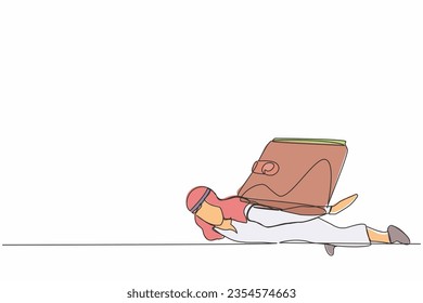 Single continuous line drawing Arab businessman under heavy wallet burden. Tired hard working office employee. Financial and economic crisis. Dynamic one line draw graphic design vector illustration