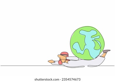 Single continuous line drawing Arab businessman under heavy globe burden. Natural resources, earth exploitation, industrial pollution. World economic crisis. One line draw design vector illustration