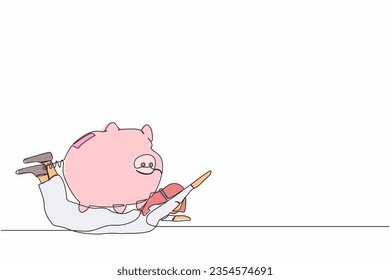 Single continuous line drawing Arab businessman under heavy piggy bank burden. Broke and financial problems concept. Searching money in crisis. Dynamic one line draw graphic design vector illustration
