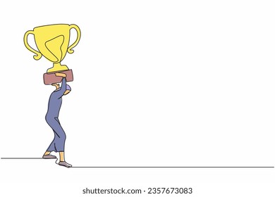 Single continuous line drawing Arab businesswoman carrying heavy trophy on her back. Female worker fail to achieve goal. Delayed career path at office. One line draw graphic design vector illustration
