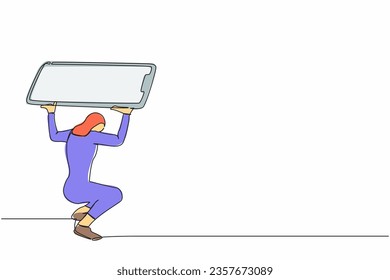 Single continuous line drawing Arab businesswoman carrying heavy smartphone on her back. Feeling stressed and tired. Exhaustion, depression, overwork problem. One line draw design vector illustration