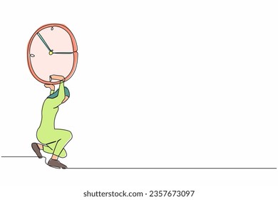 Single continuous line drawing Arab businesswoman carrying heavy clock on her back. Stressed complete work within deadline and timeline. Work under pressure. One line draw design vector illustration