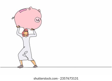 Single continuous line drawing Arab businessman carrying heavy piggy bank on his back. Male manager with financial problems. Losing money in economic crisis. One line draw design vector illustration